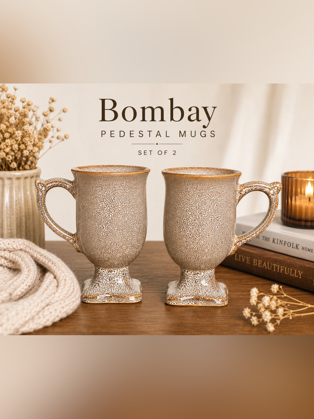 Vintage Bombay Company Speckled Stoneware Pedestal Mugs
